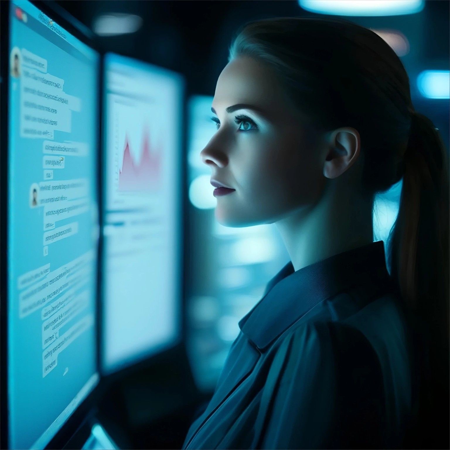 Woman analyzing data on large digital screens in a dimly lit room.